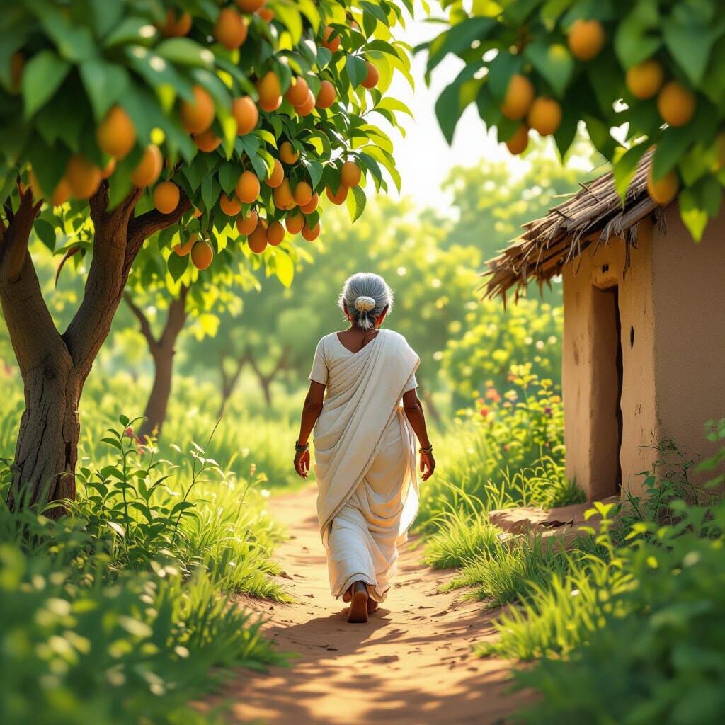 Indian Grandma in Mango Orchard, Pixar-style 3D Render