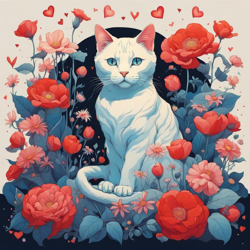 Cat Surrounded by Flowers in Ethereal Style