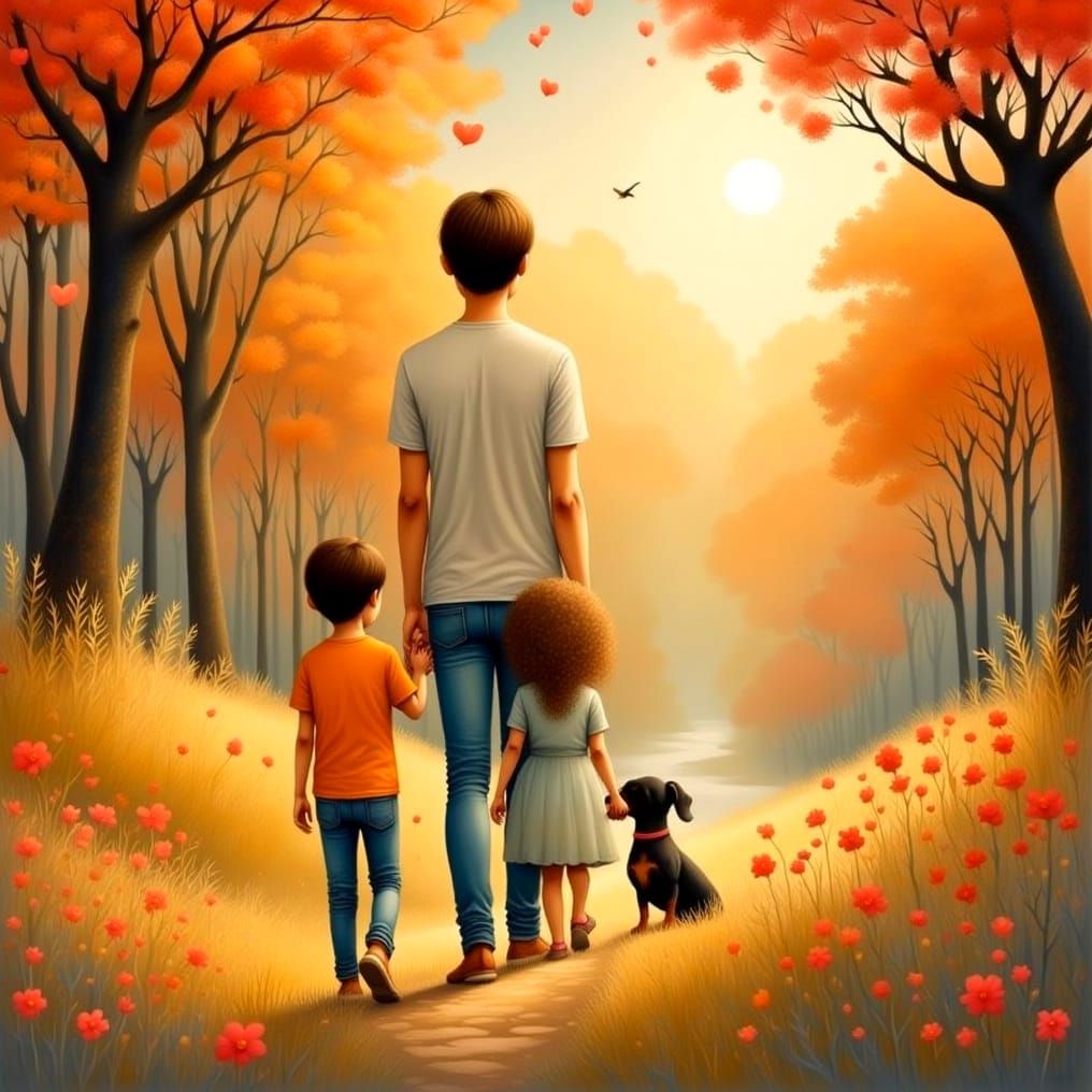 Father and Children in Park: Watercolor Ink Painting