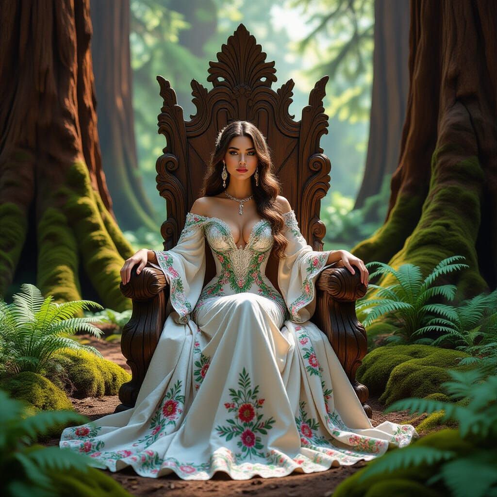 Regal Woman on Petrified Throne in Redwood Forest