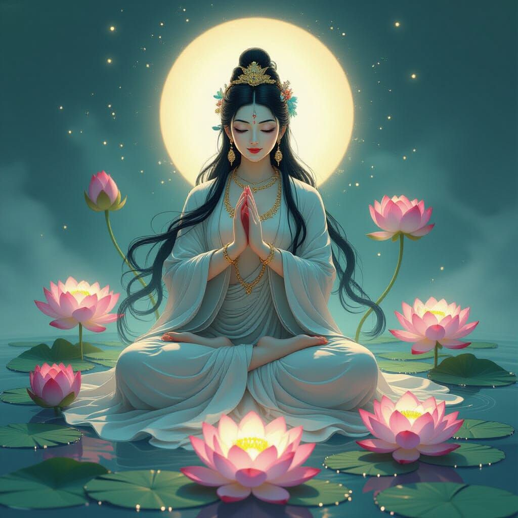 Green Tara with Bioluminescent Lotuses and Ethereal Light