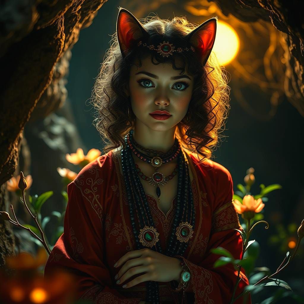 Mystic Cat-Woman Portrait in Dark Cave Setting