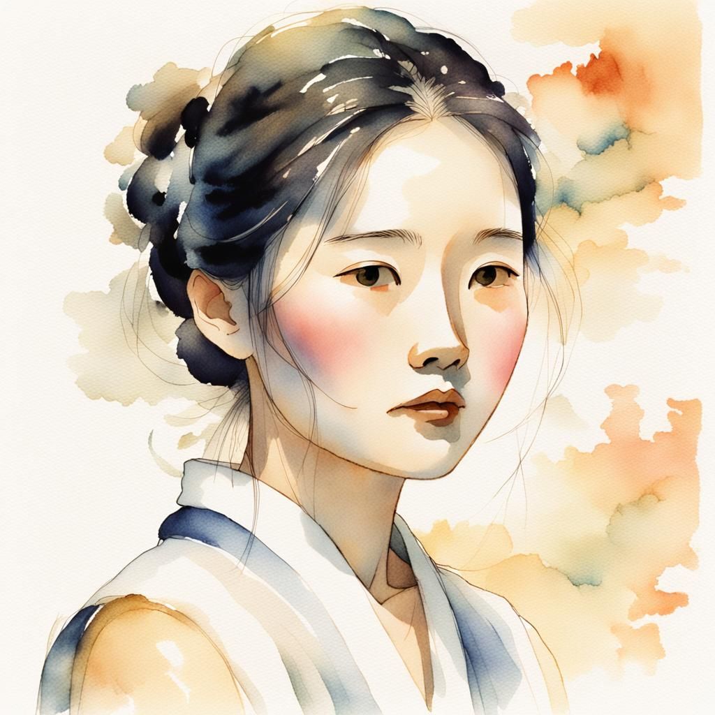 Woman in White Vest: Delicate Ink and Watercolor