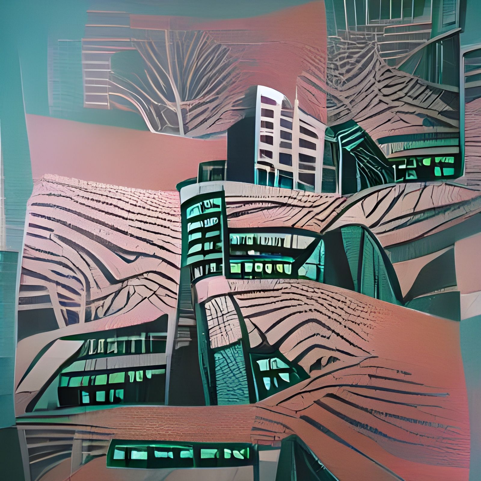 Modern Cityscape in Linocut Style