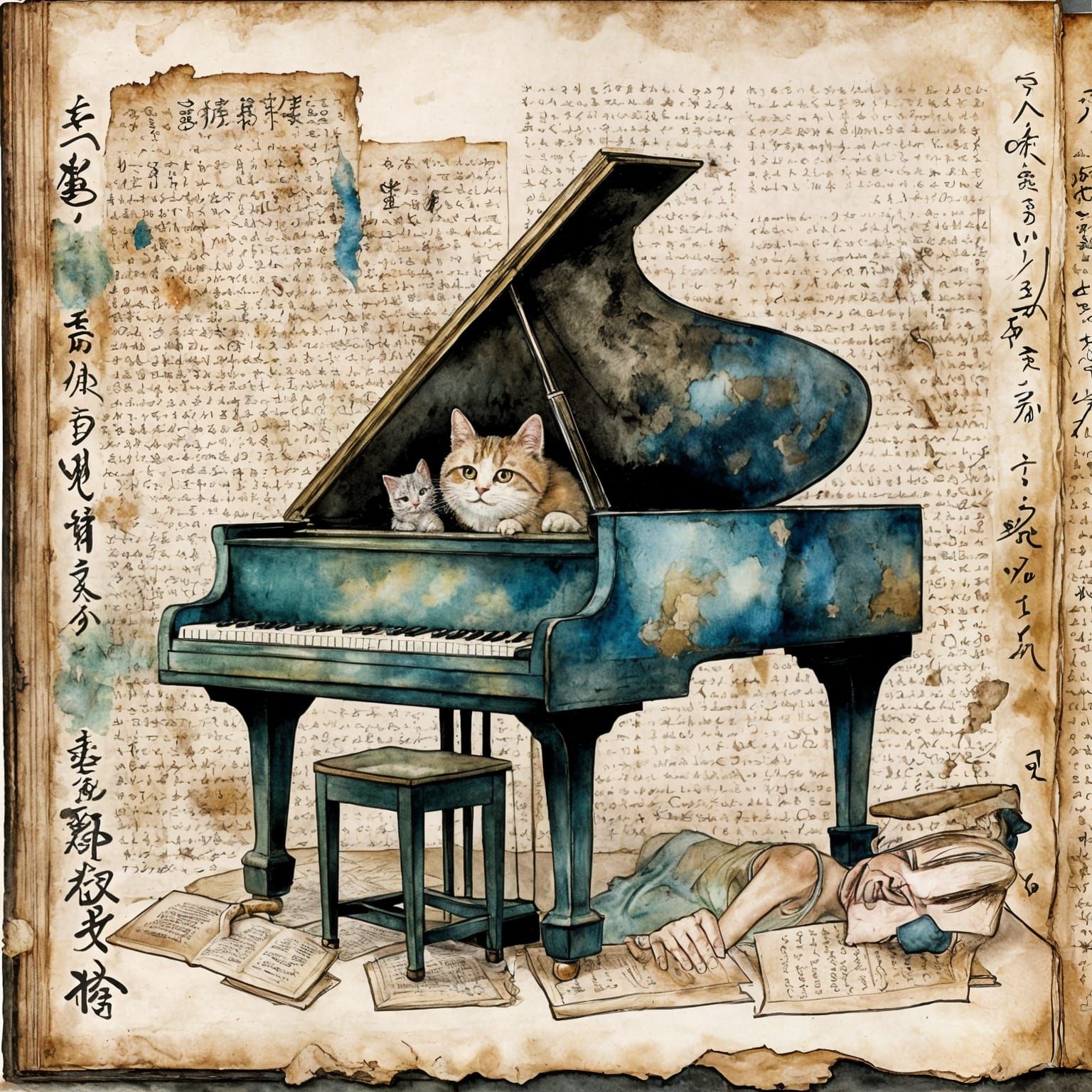 Joyful Girl and Chibi Cat Play Piano in Whimsical, Vintage I...