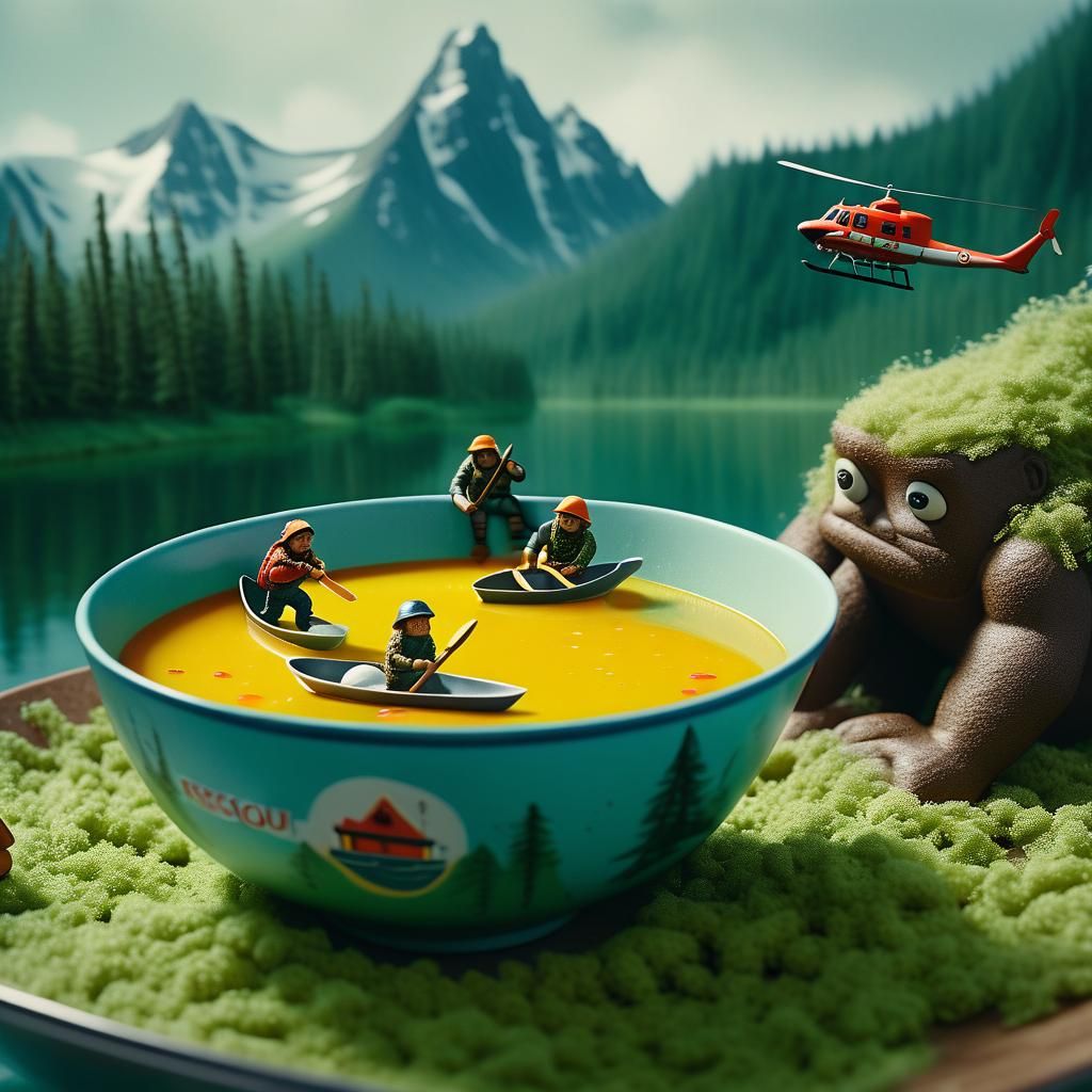 Miniature Canoe Rescue in Soup Bowl: Cinematic Film Still