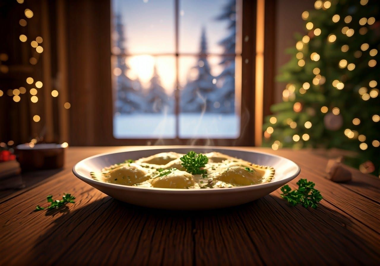 Cozy Winter Ravioli Scene in Hyper-Realistic Digital Art