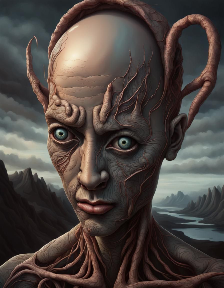 pop surrealism, alternate reality, mirrors, reflections, strange, weird, unusual, caricature, creepy face, high cheekbon...