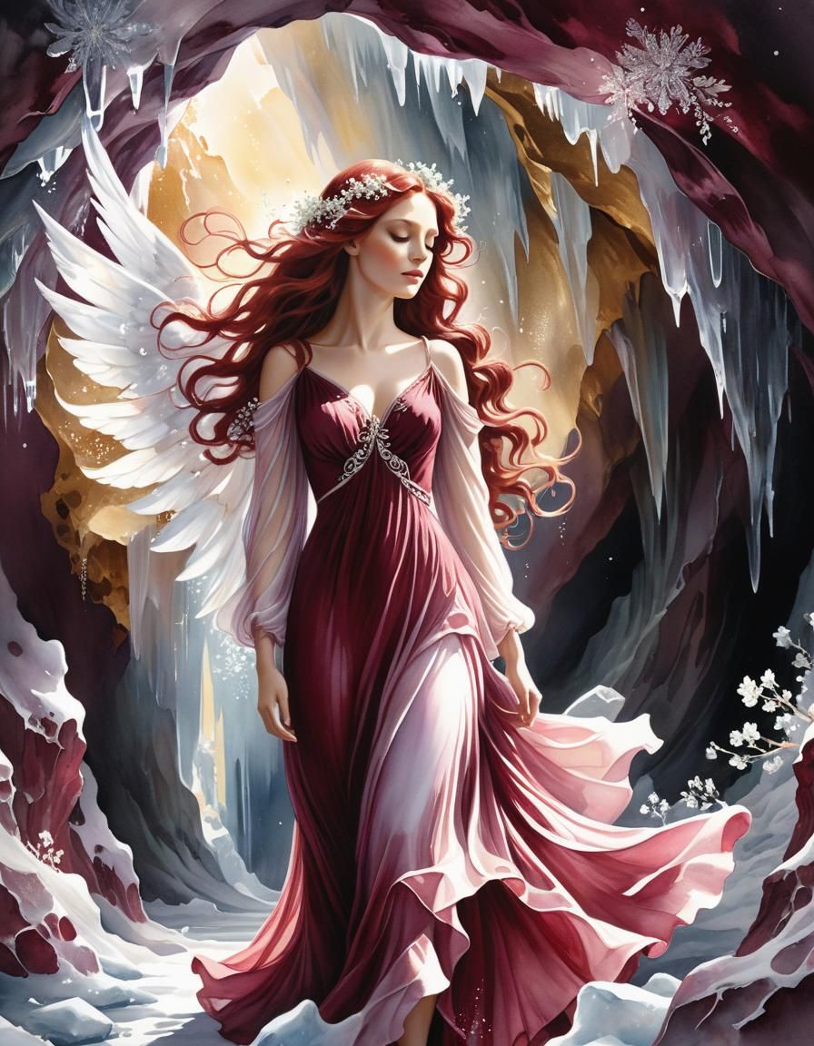 Burgundy Haired Angel in Ice Cave, Watercolour Art
