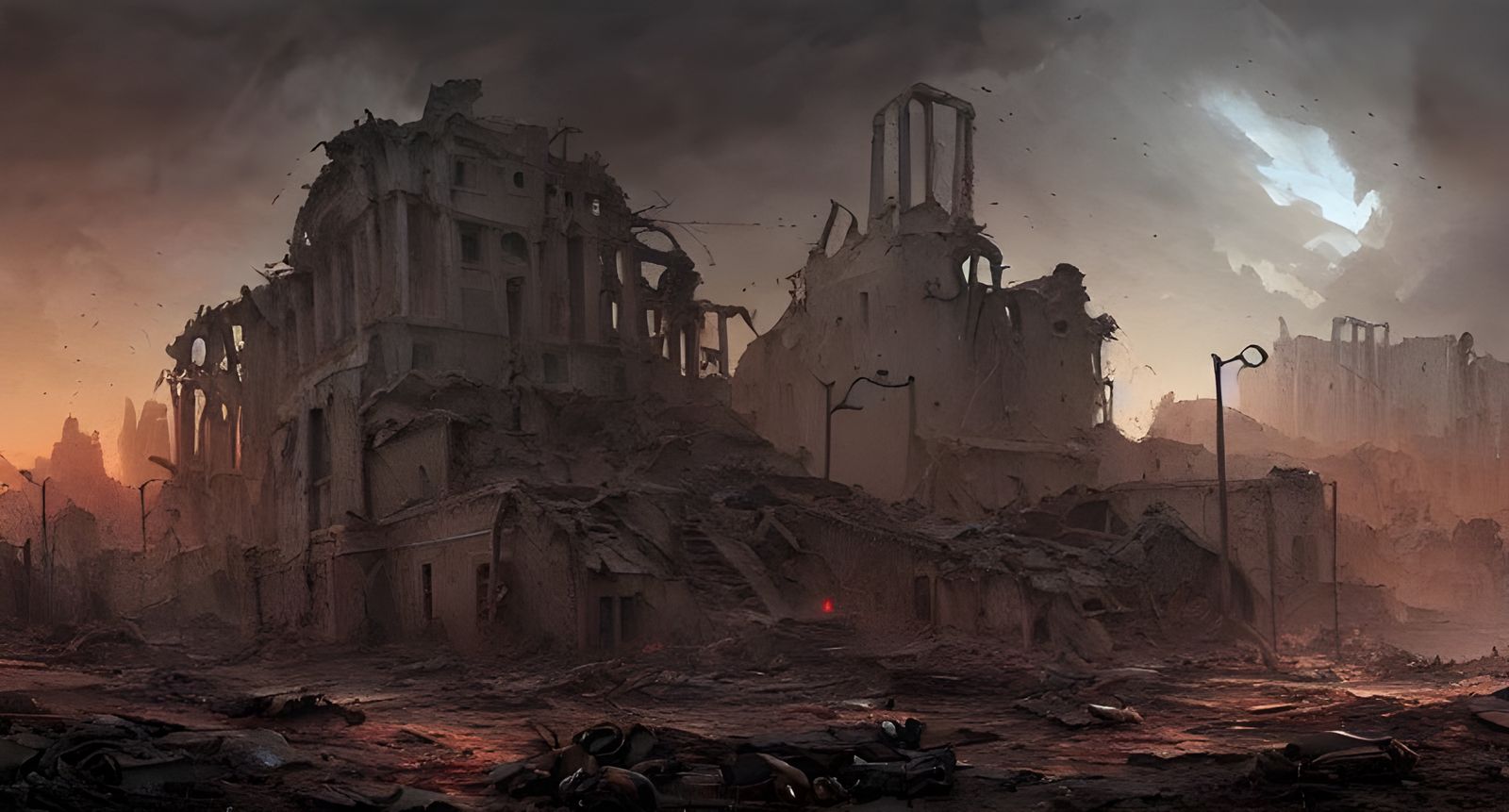 Dystopian City Ruins at Night