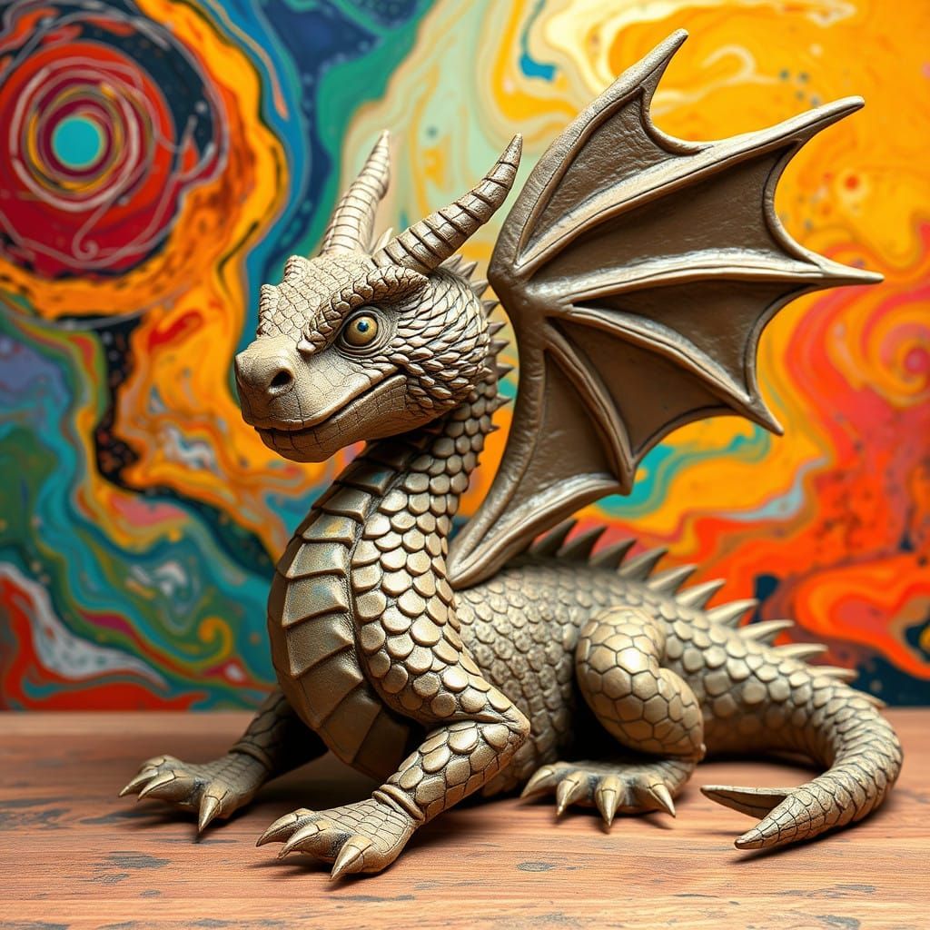 Intricately Textured Clay Dragon with Iridescent Scales