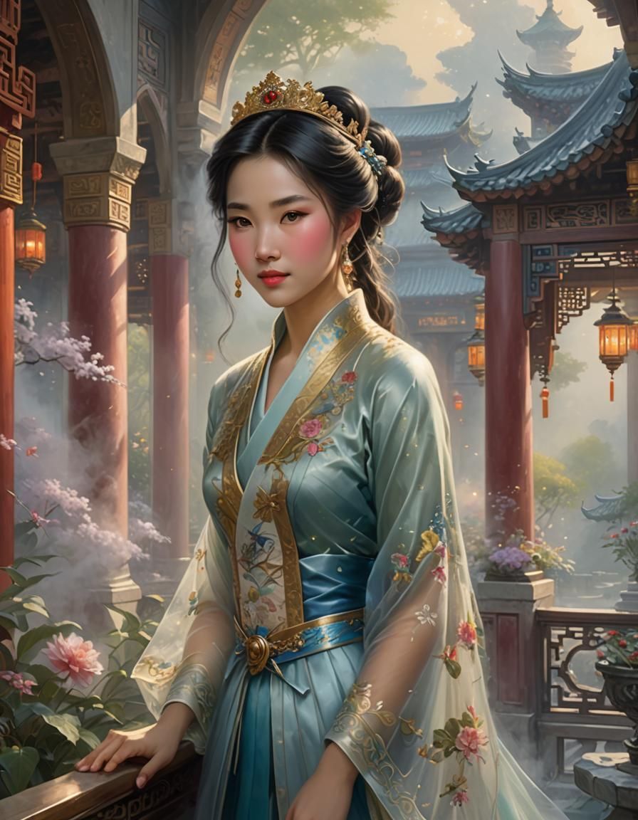 A beautiful Chinese princess in a palace, Shy smile full of ...
