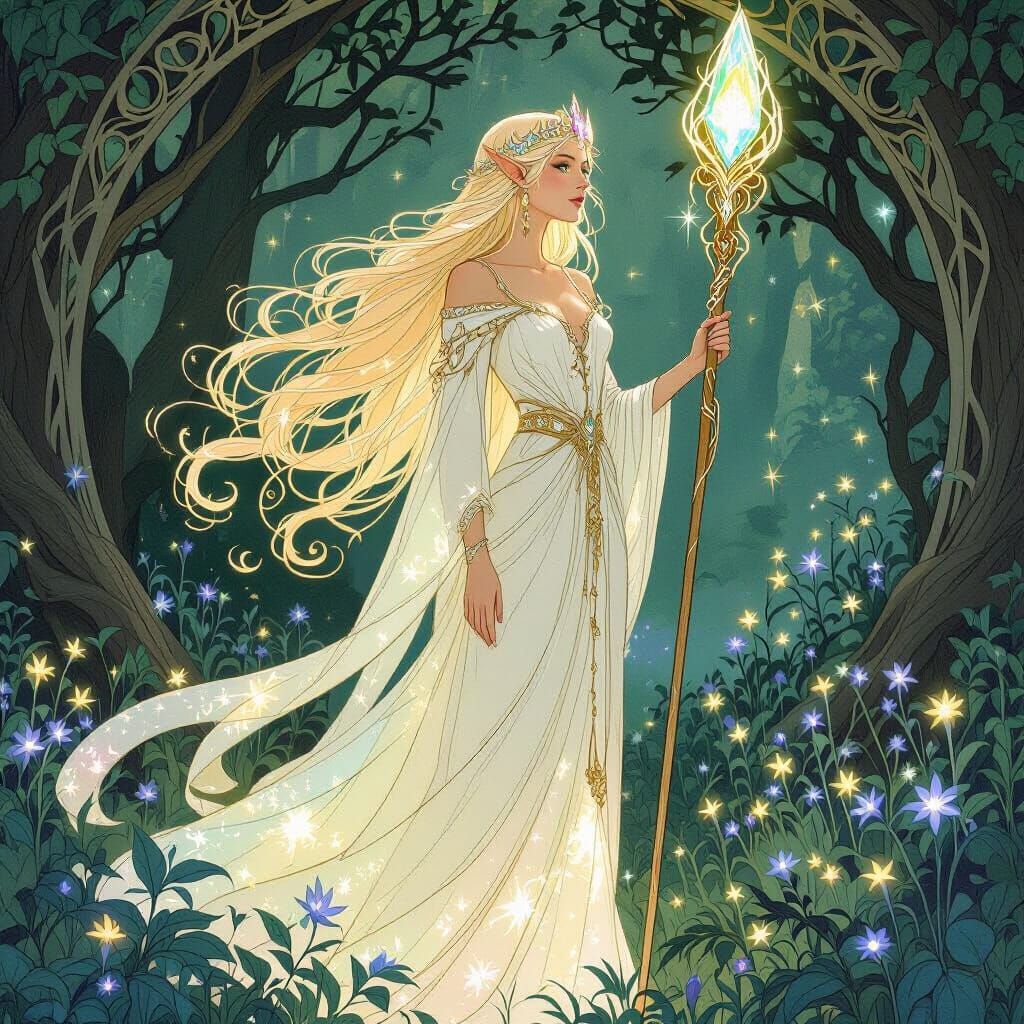 Radiant Elven Queen in Bioluminescent Grove