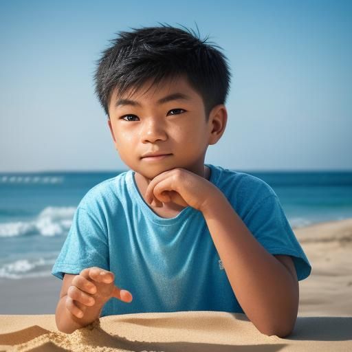 Hyperrealistic Boy Builds Sandcastles on Beach