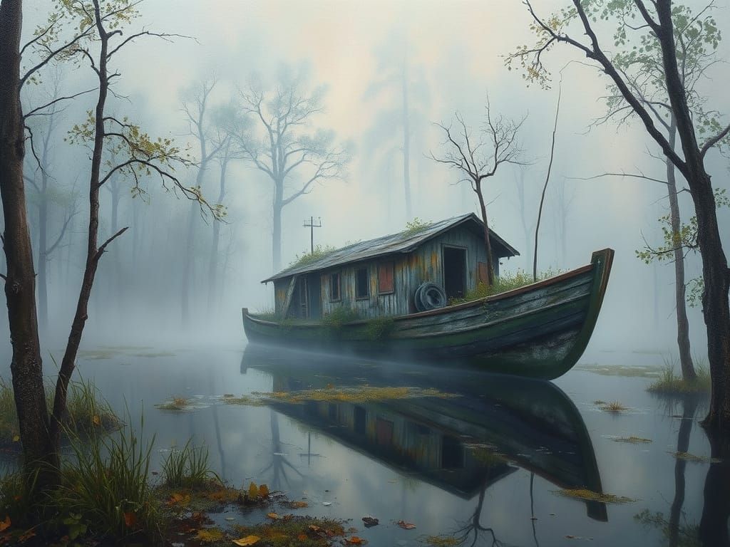 Foggy Swamp Houseboat in Neo-Impressionism Style