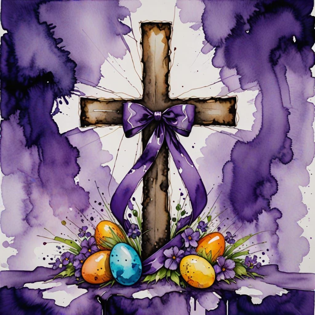 Easter Bunny at the Empty Cross in Vibrant Purple Hues