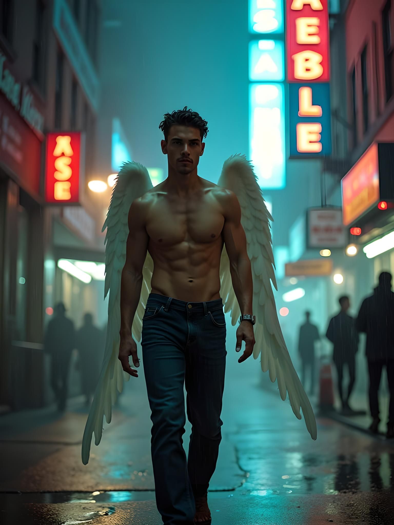 24-year old male angel, Tall handsome and shirtless, the ang...