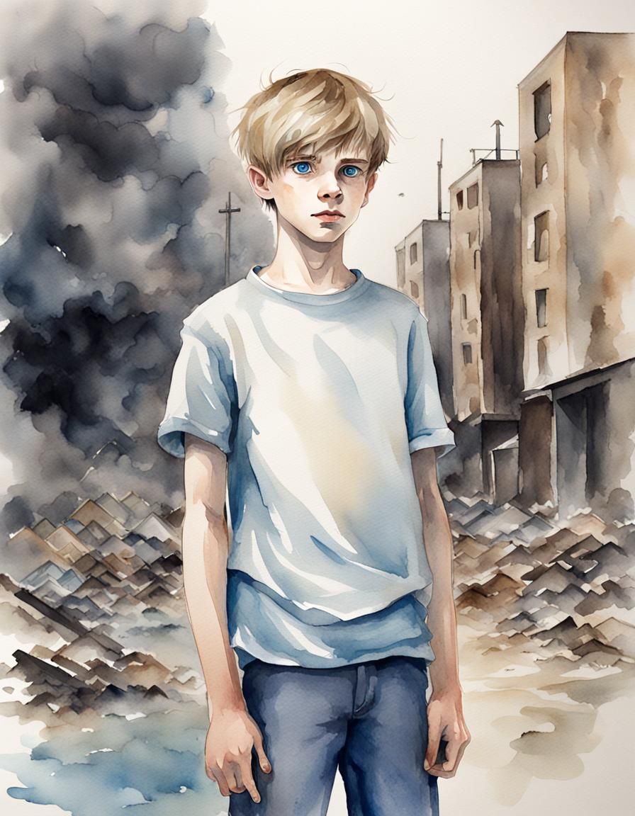 Apocalyptic Watercolor Portrait of Teenage Boy