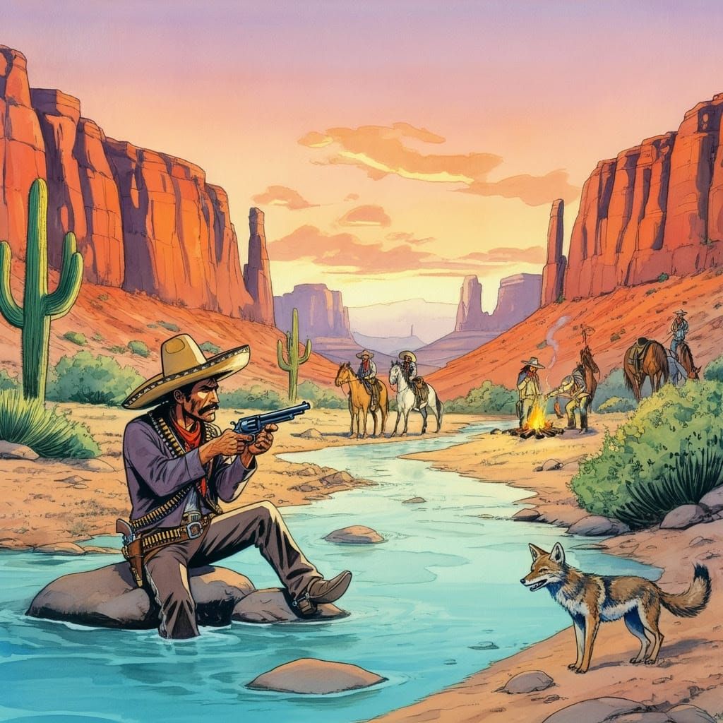 Vibrant Wild West Scene in Watercolor Comic Book Style