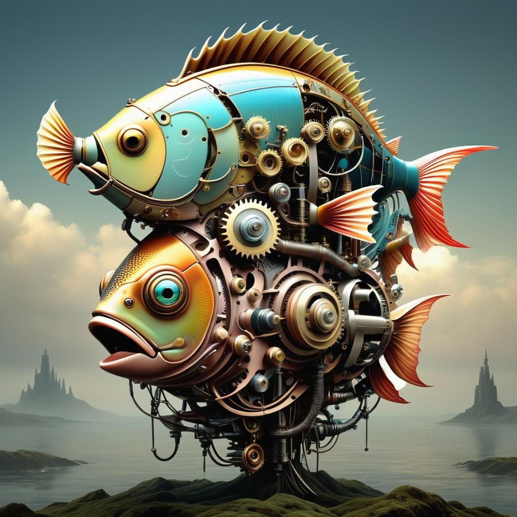 Mechanical Fish-Headed Man in Hyper-Realistic Fractal Art