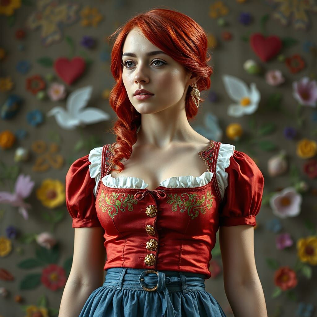 Red-Haired Woman in Elaborate Dirndl, Hyperrealistic Style