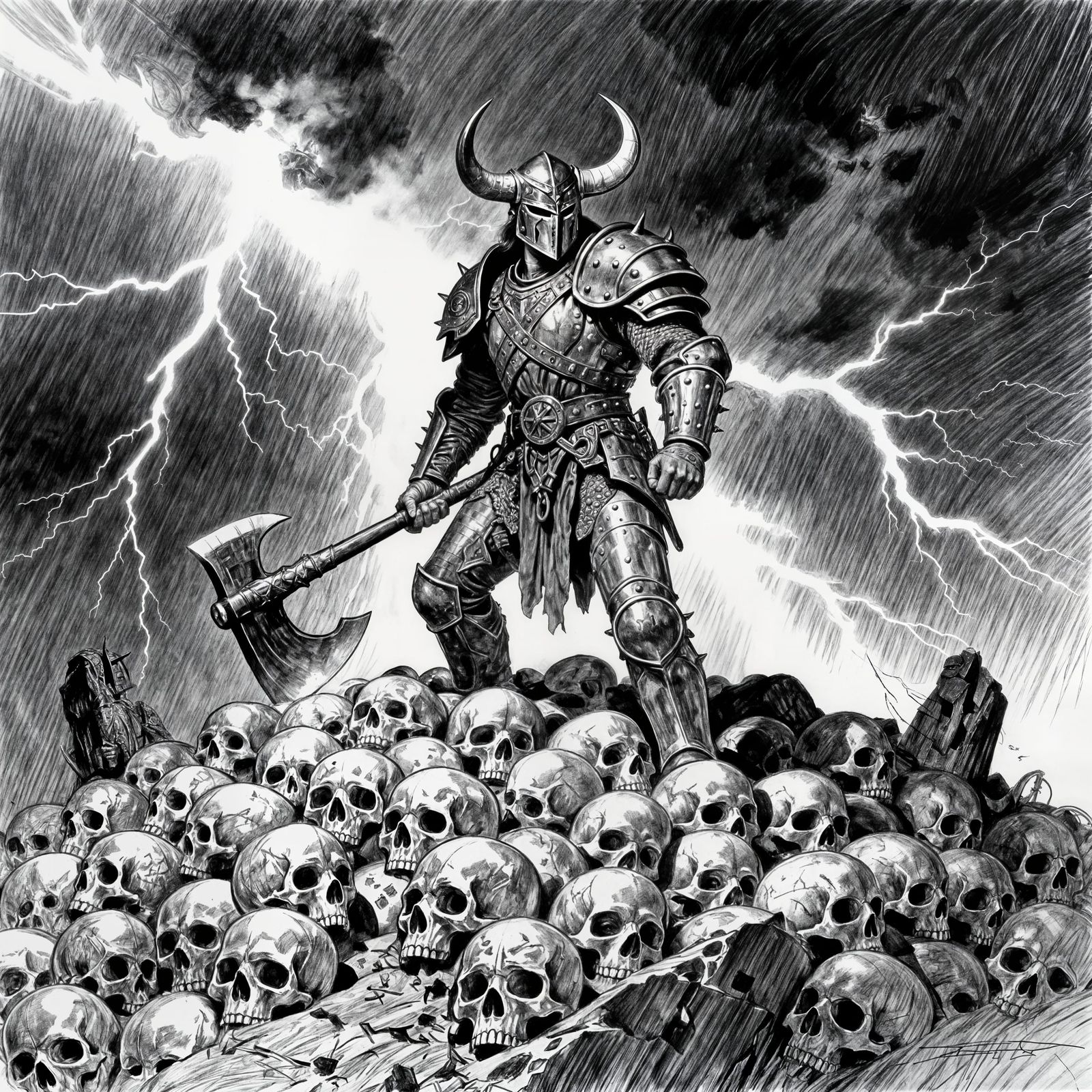 Mighty Warrior in Plate Mail with Horned Helm