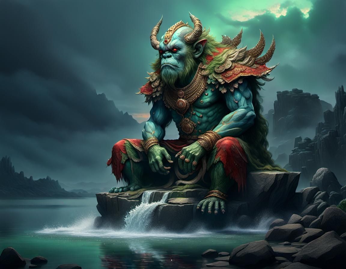 Detailed Barong Head on Rocks, Fantasy Concept Art