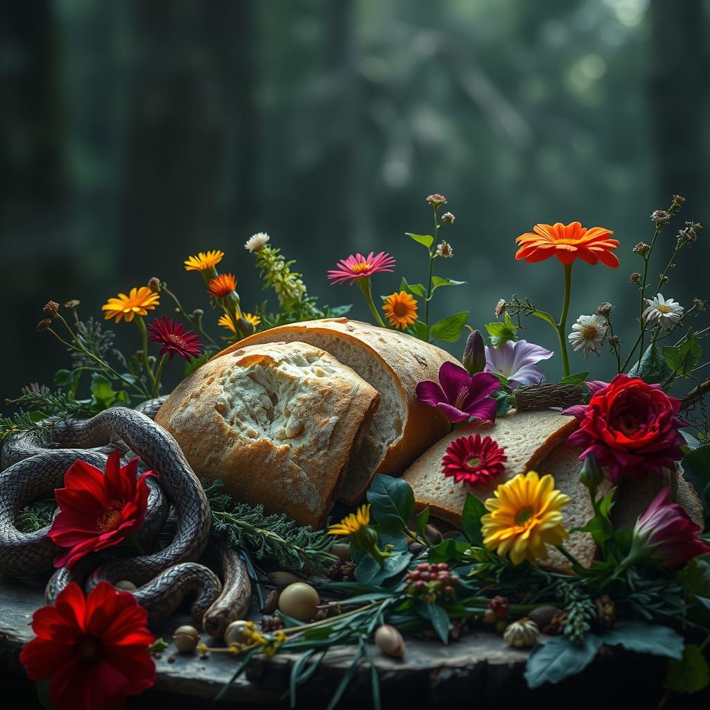 Ethereal Baltic Mythology Still Life with Guardian Snakes an...