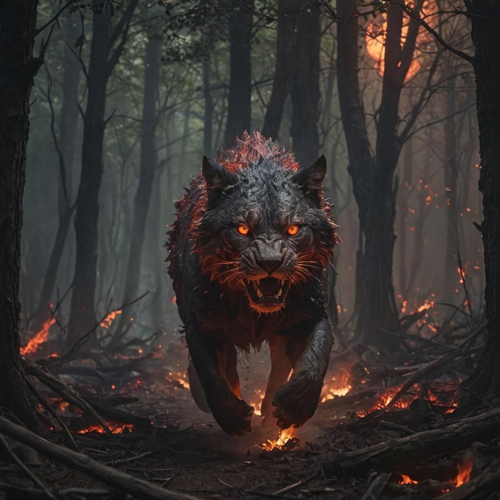 Animal Runs Through Burning Forest Under Red Moon