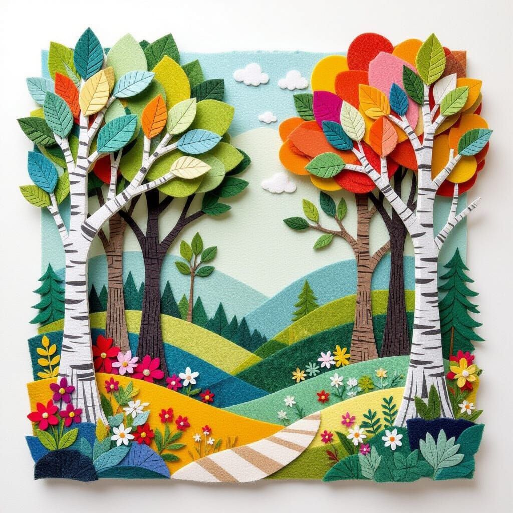 Whimsical Felt Forest Collage in Folk Art Style