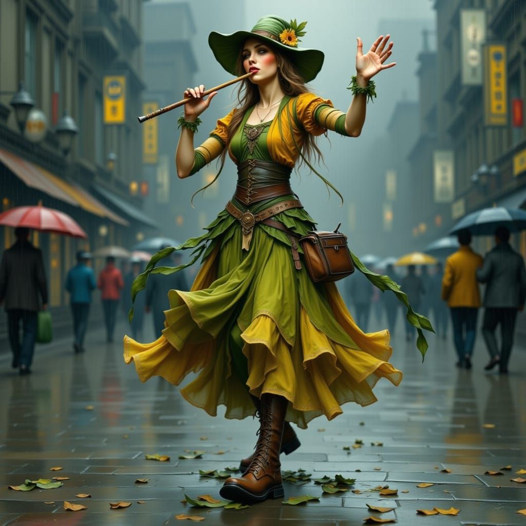Enchanting Elf Busker Dancing in the Rain