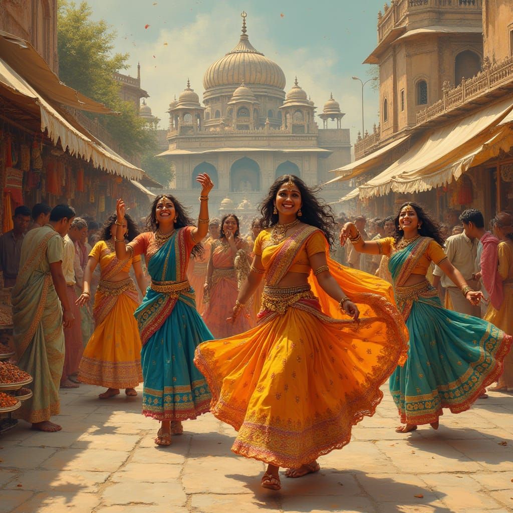 Indian Women Dancing in Vibrant Marketplace with Palace