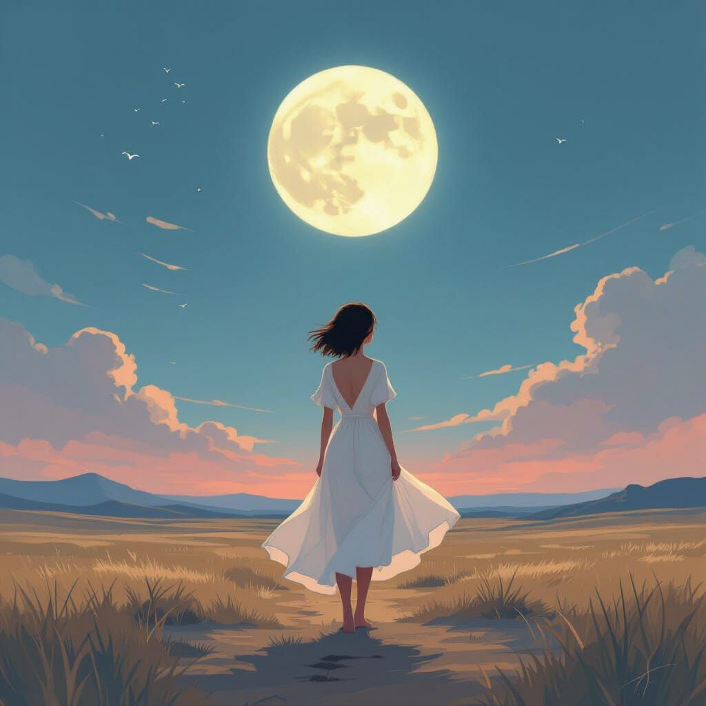 Woman Chasing Moon in Whimsical Ethereal Landscape
