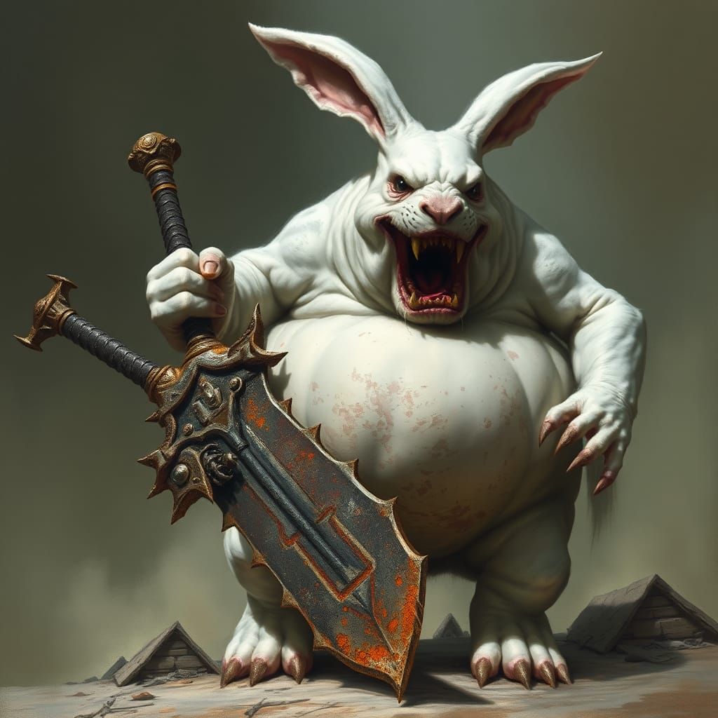 Grotesque Rabbit Creature with Sword in Biomechanical Horror...
