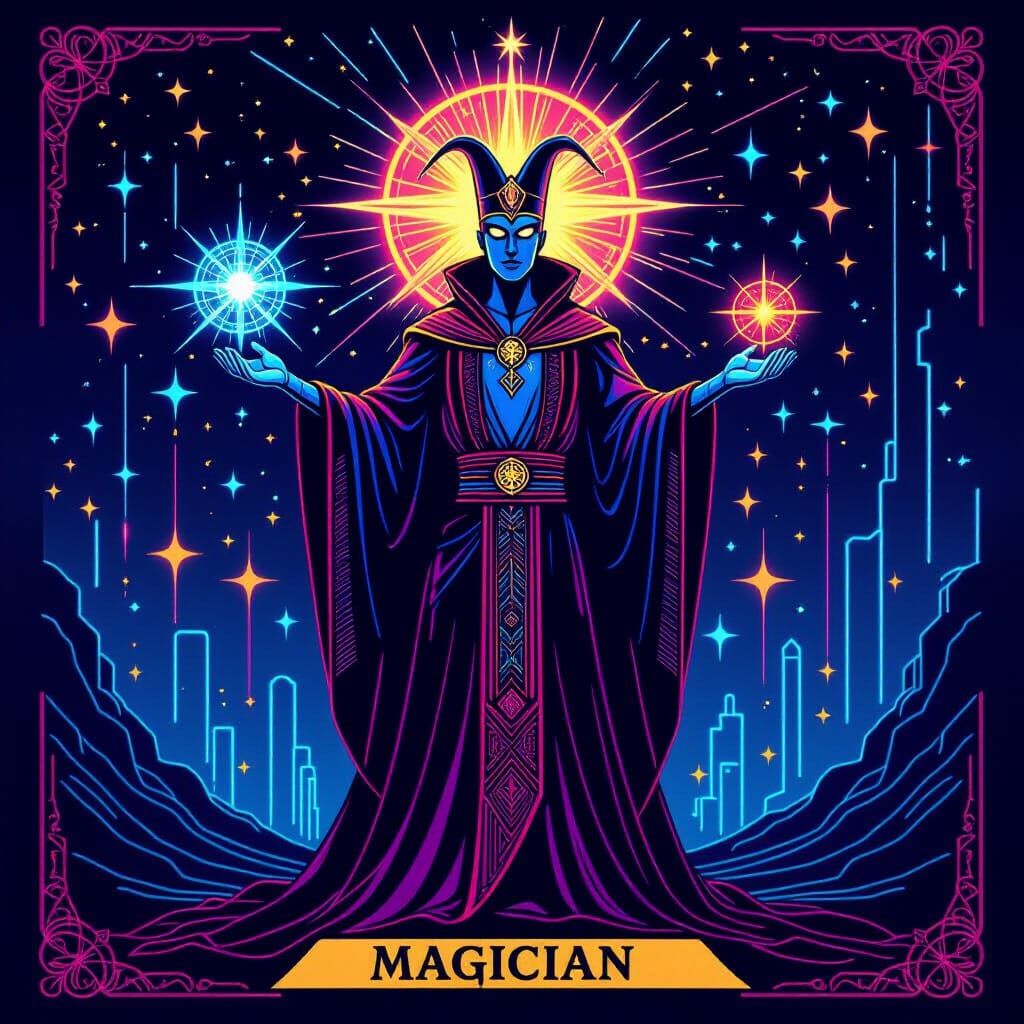 Bioluminescent Magician Tarot Card in Neon Synthwave Style