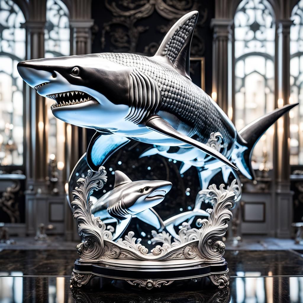 Porcelain Shark Emerges from Mirror in Art Nouveau Style