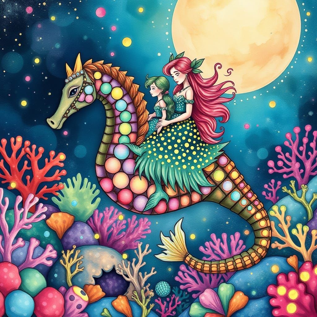 Merfolk Family on Seahorse in Bioluminescent Coral Reef