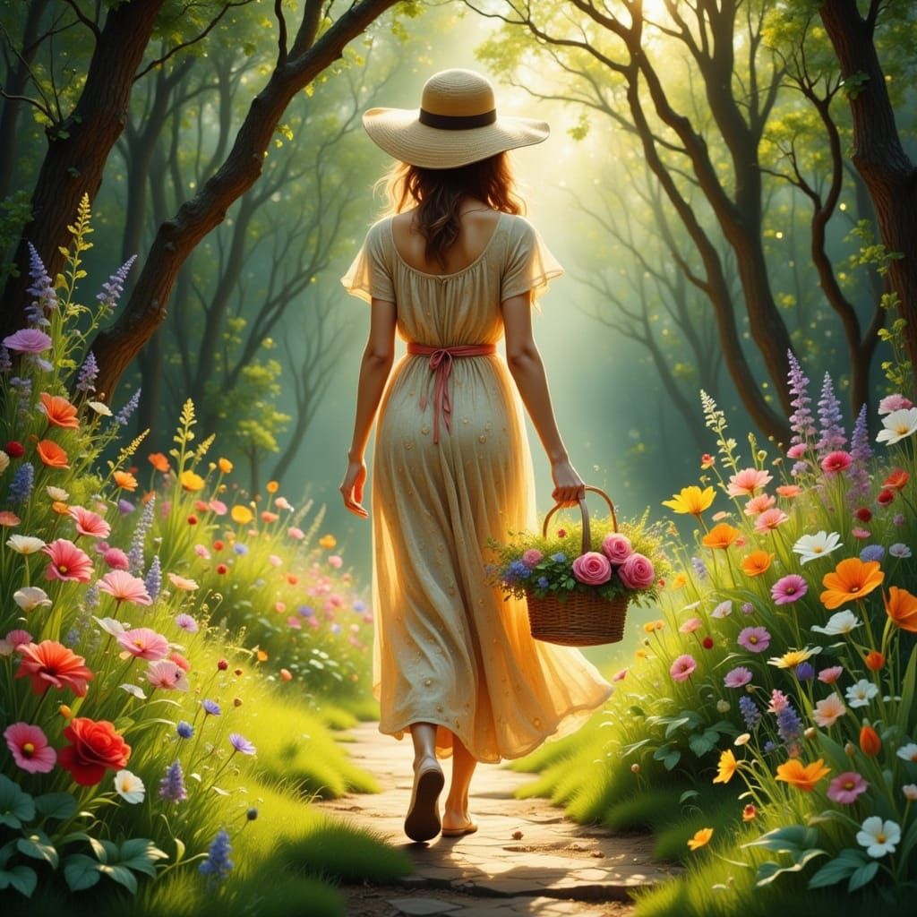 Woman with Flowers in Impressionistic Forest Scene