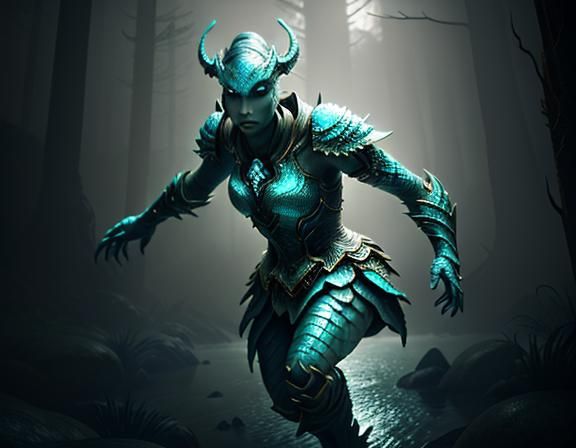 Female Amphibioid in Misty Environment, 3D Game Art