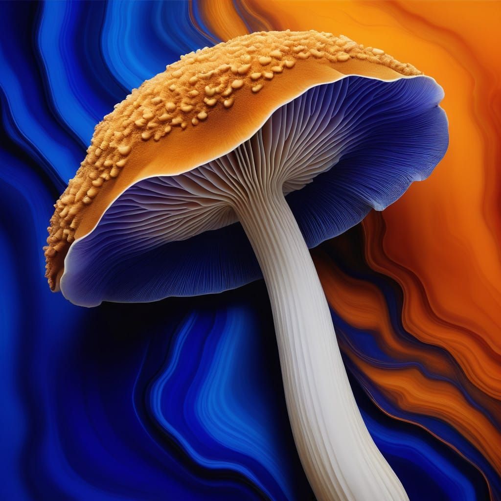 Ethereal Cobalt Fire Landscape with Delicate Mushroom