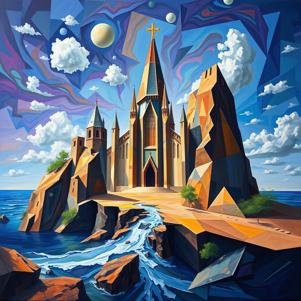 Surreal Geometric Fusion of Earth, Water, and Sky