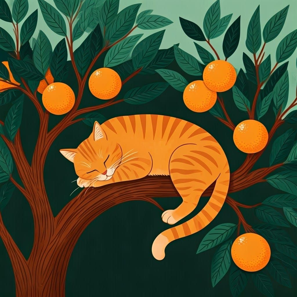 Orange Cat Lounging in Whimsical Clip Art Style