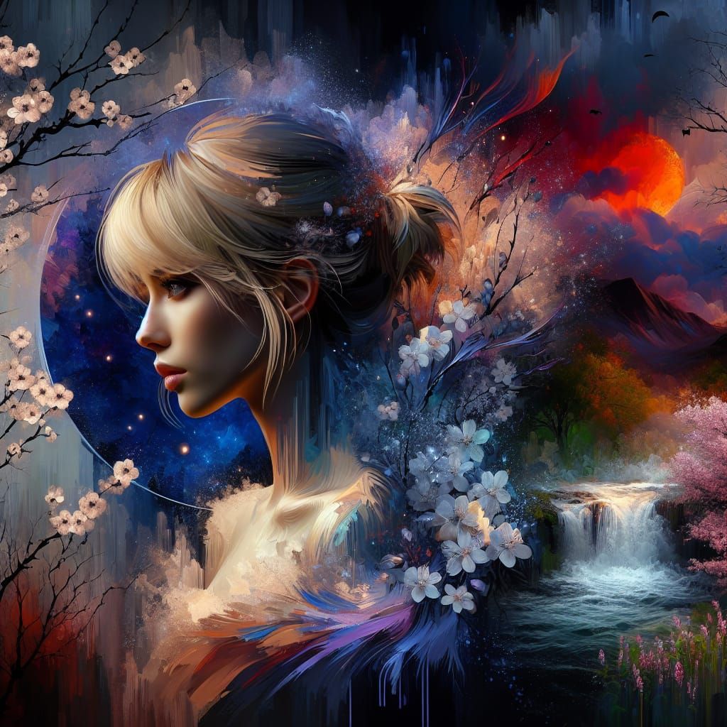 (portrait) Beautiful woman with short blonde hair, Twilight, nightfall, briar, blackbell, frost, cherry blossoms, waterf...