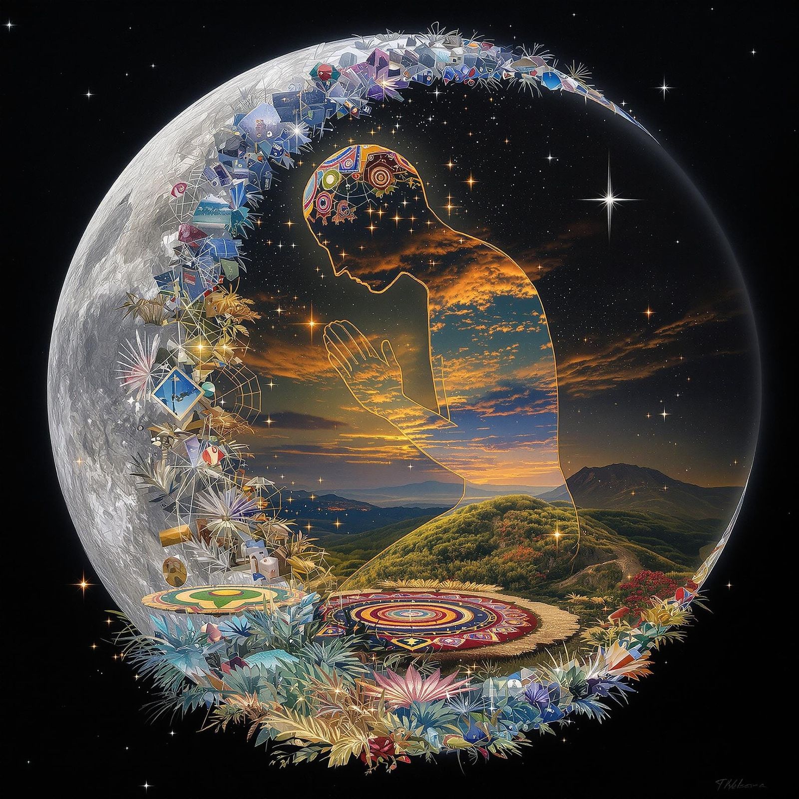 Ethereal Figure Amidst Cosmic Rangoli