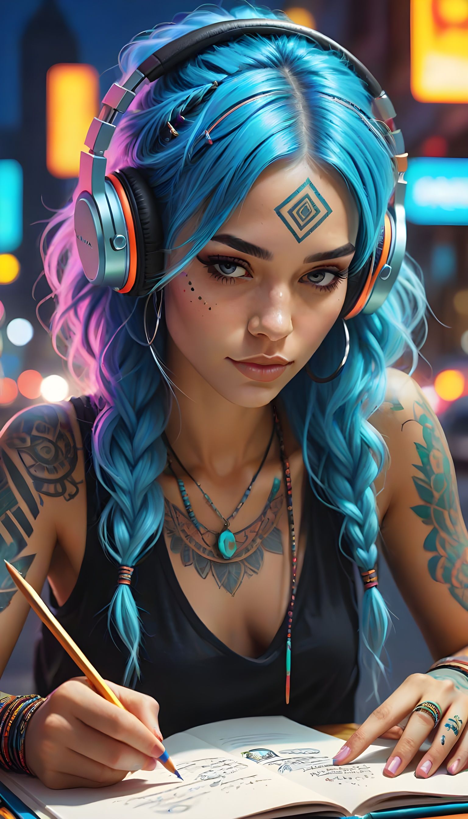 Boho Woman Drawing in Neon City, Digital Art