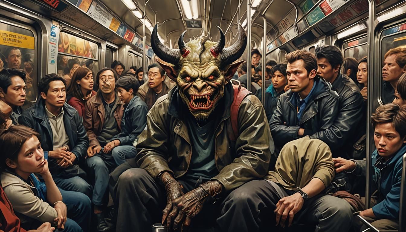 Demon Rides Subway: Hyperrealistic Concept Art