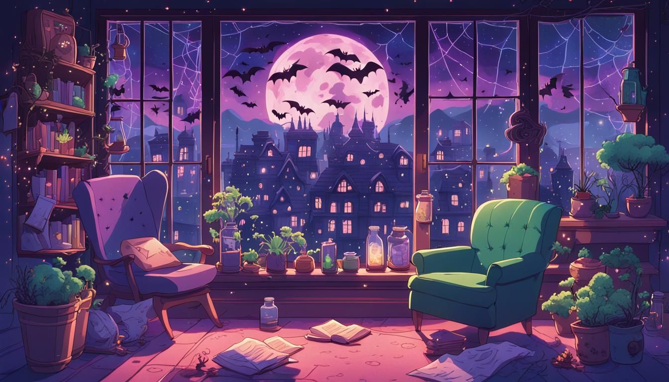 Anime Witch Home with City View in Pastel Colors