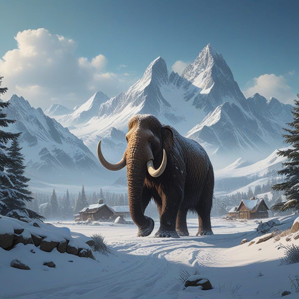Majestic Wooly Mammoths March Through a Snowy Meadow to Dram...