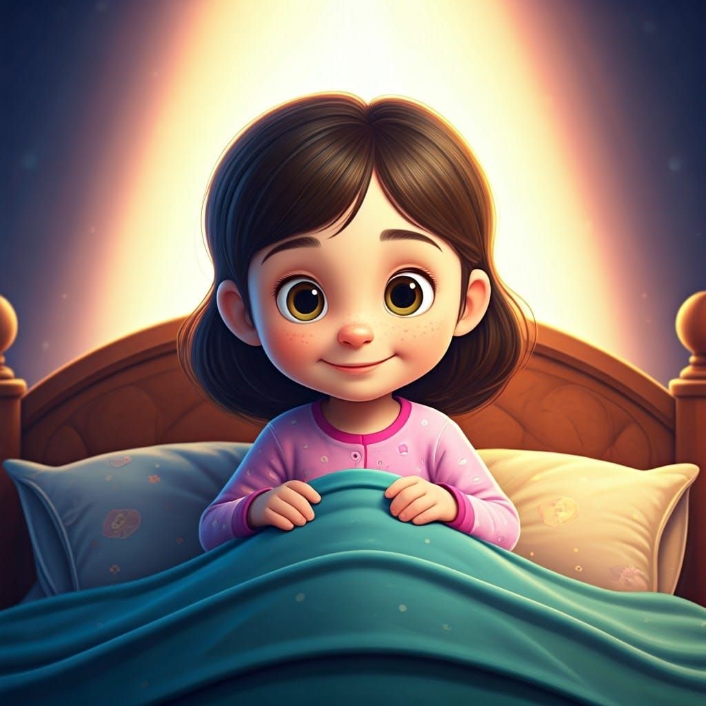 Smiling Girl in Cozy Bed, Disney-Inspired 3D Render