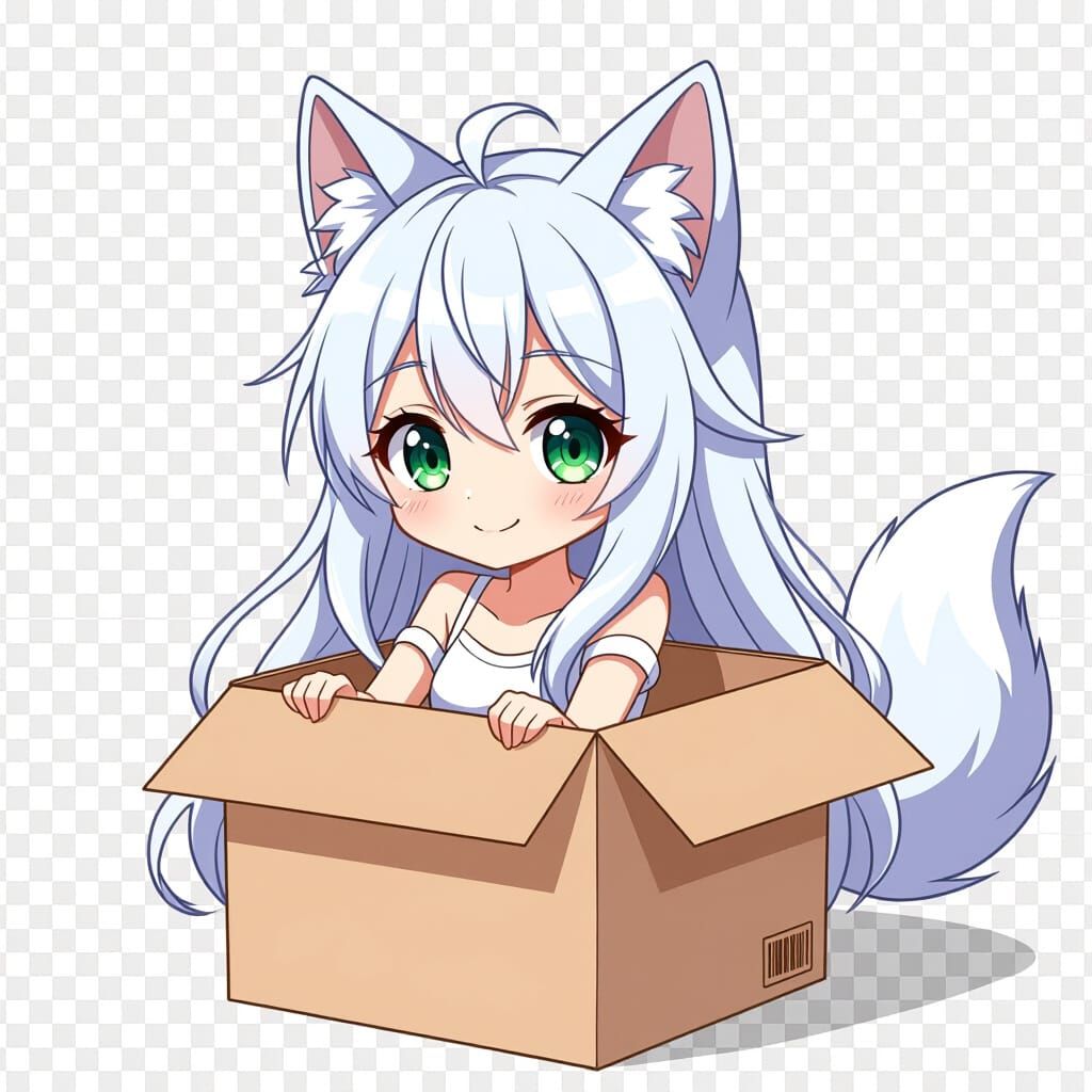 Chibi Wolf-Girl Playing in Cardboard Box